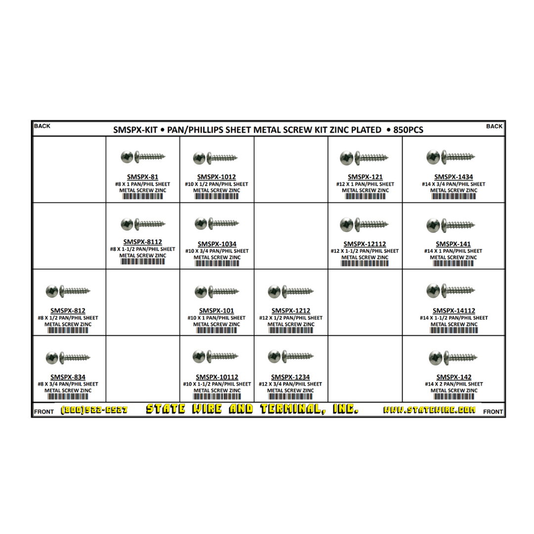 Pan Head Phillips Drive Sheet Metal Screw Kit – 825 Pieces