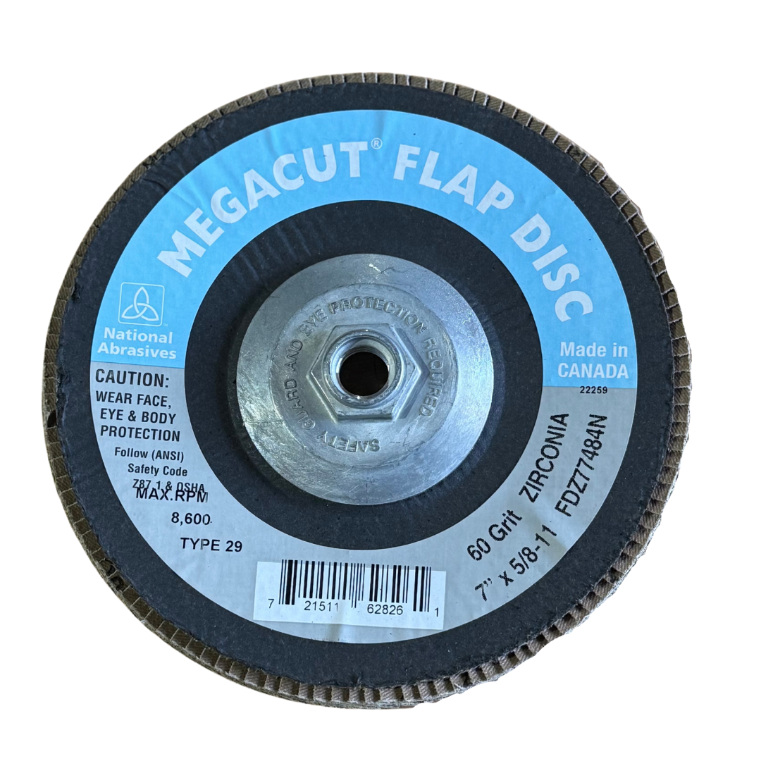 7" Flap Disc, 60 Grit Zirconia, Type 29 (Beveled) with 5/8"-11 Threaded Arbor Nut