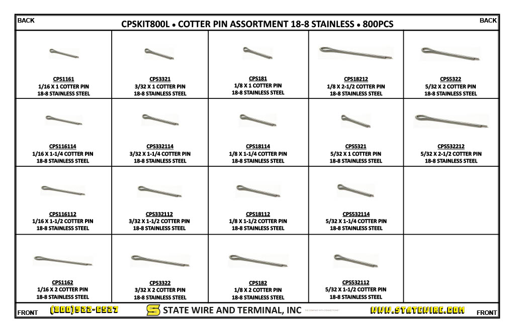 Cotter Pin 18-8 Stainless Steel 800 Piece Assortment Kit