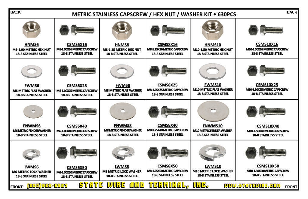 Metric Stainless Capscrew / Hex Nut / Washer Kit - 630 Pieces