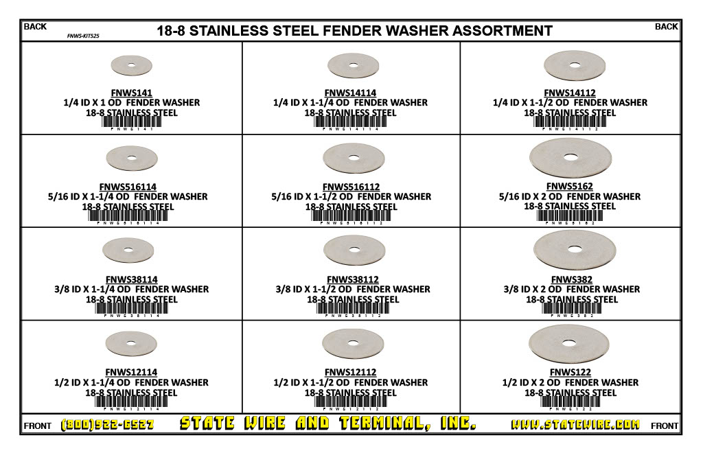 18-8 Stainless Steel Fender Washer 525 Piece Kit