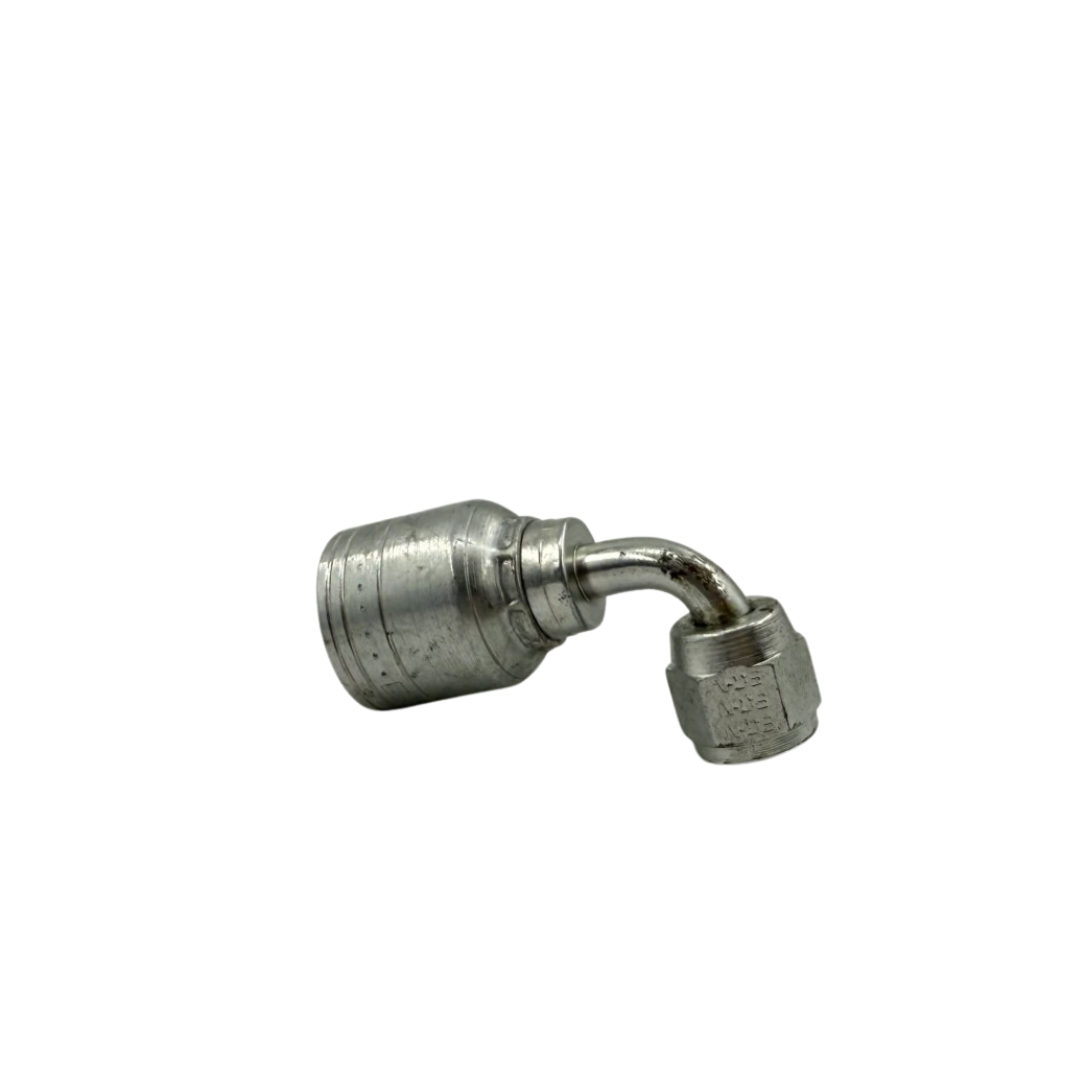 Crimp JIC 37° Female Swivel Hydraulic Hose Fitting – 90° Elbow, 1/4" Hose x 7/16"-20, Zinc-Plated Steel