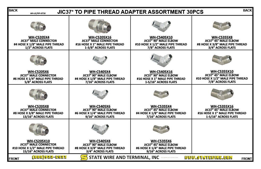 JIC37° To Pipe Thread Adapter 30 Piece Kit