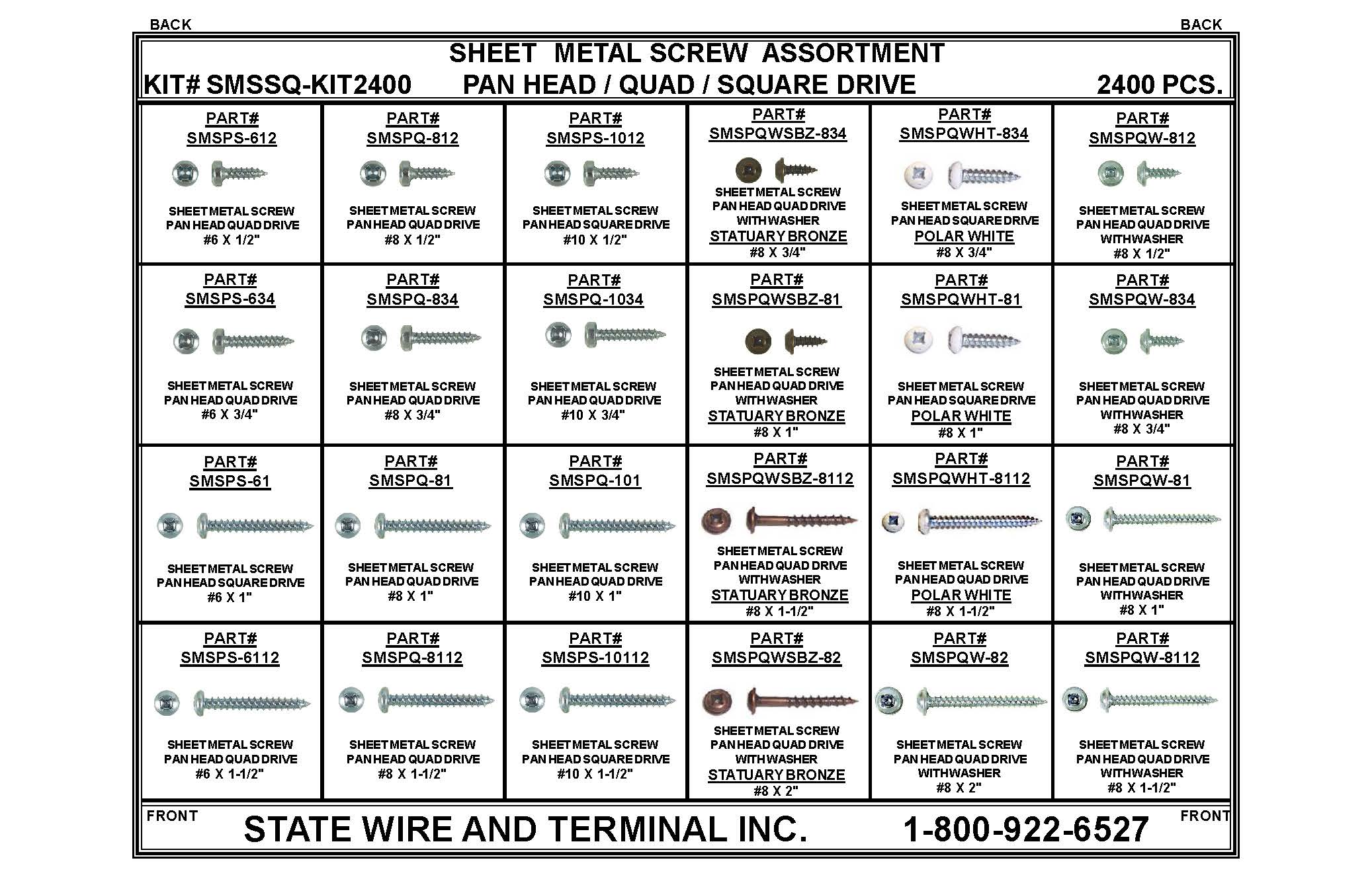 Pan Head Quad/Square Drive Sheet Metal Screw Kit - 2400 Pieces