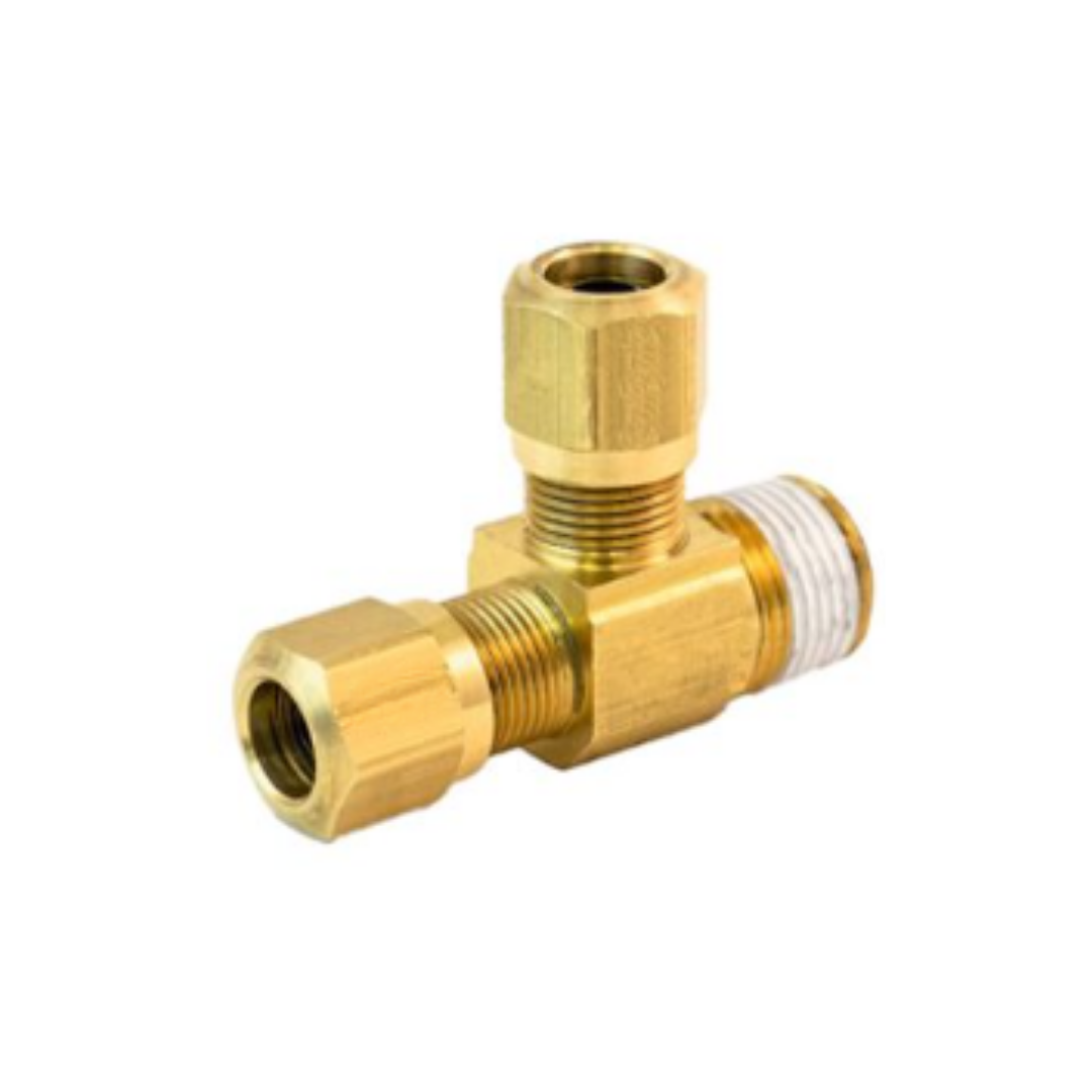 TRS-S771AB-6-4 Brass Male Run Tee, 3/8" Tube x 1/4" NPT, Push-to-Connect, SAE J844 Air Brake