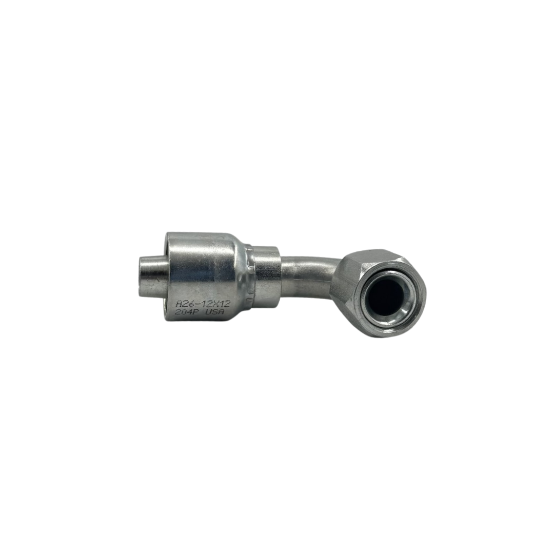 3/4" Hose x 1-1/16"-12 JIC 37° Female Swivel – 90° Elbow – Hydraulic Hose End – A-Series – Trivalent Zinc
