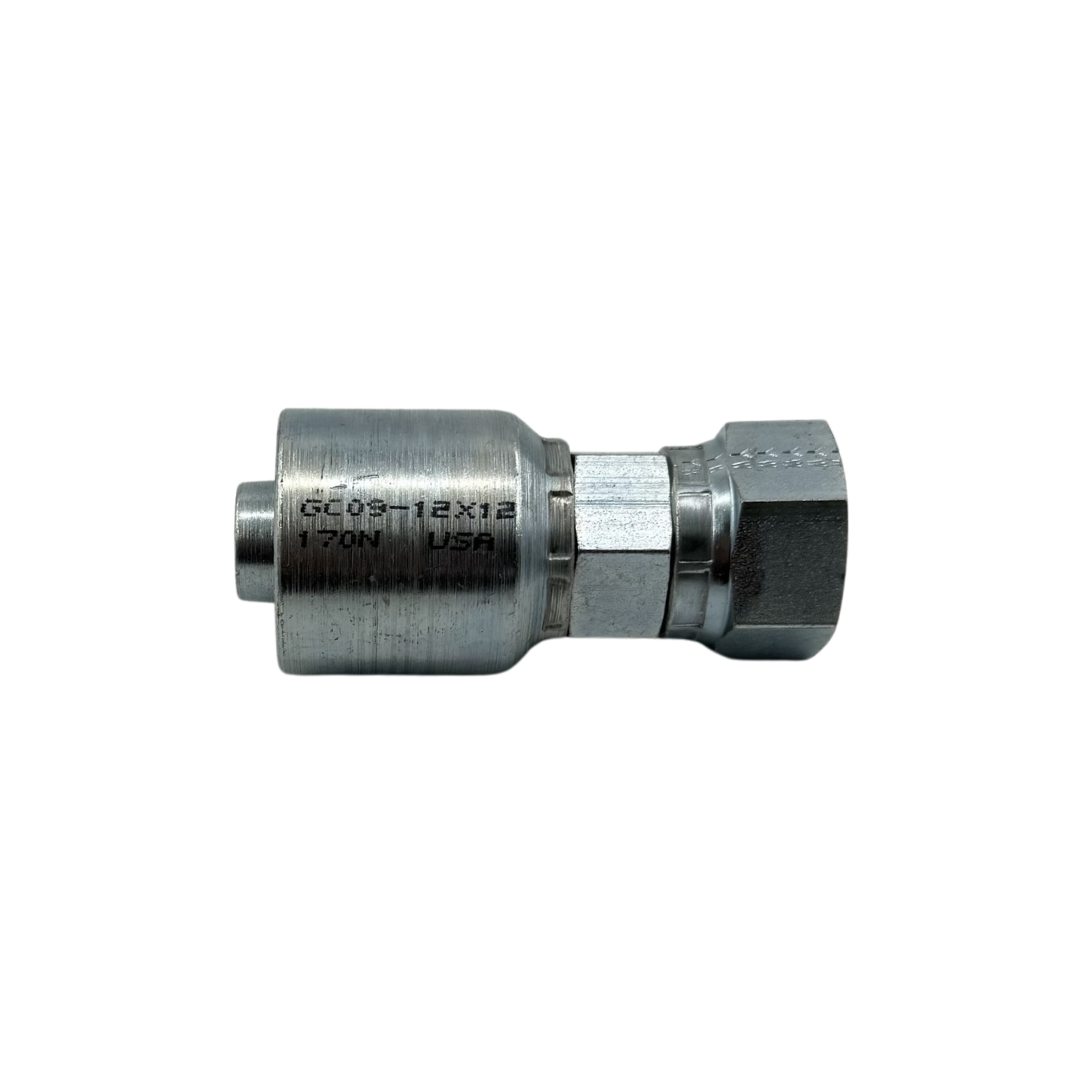 Hydraulic Hose Fitting – Straight Female Swivel – Grip Crimp – JIC 37° Flare – 3/4" Hose x 3/4"-16 Thread – Trivalent Zinc Plated