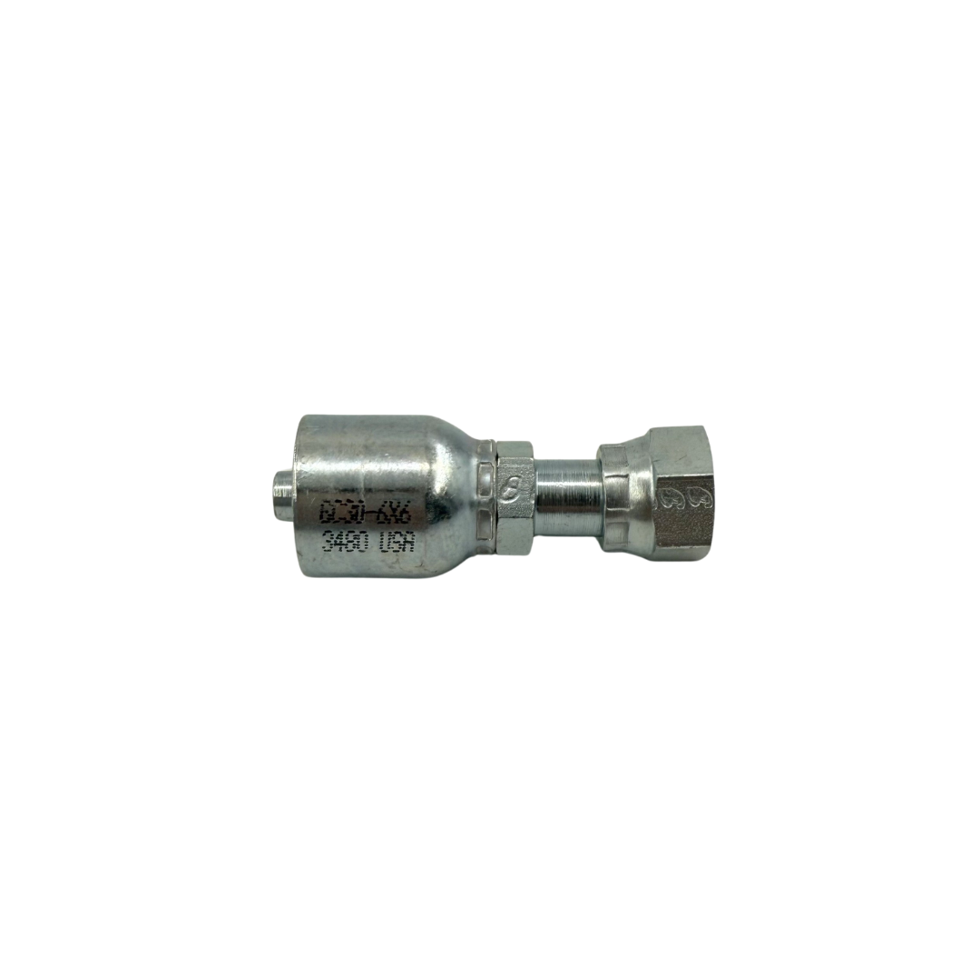 3/8" Hydraulic Hose Fitting – Straight Female Swivel, O-Ring Face Seal (ORFS), Grip Crimp, Zinc-Plated (GC30-6X6)
