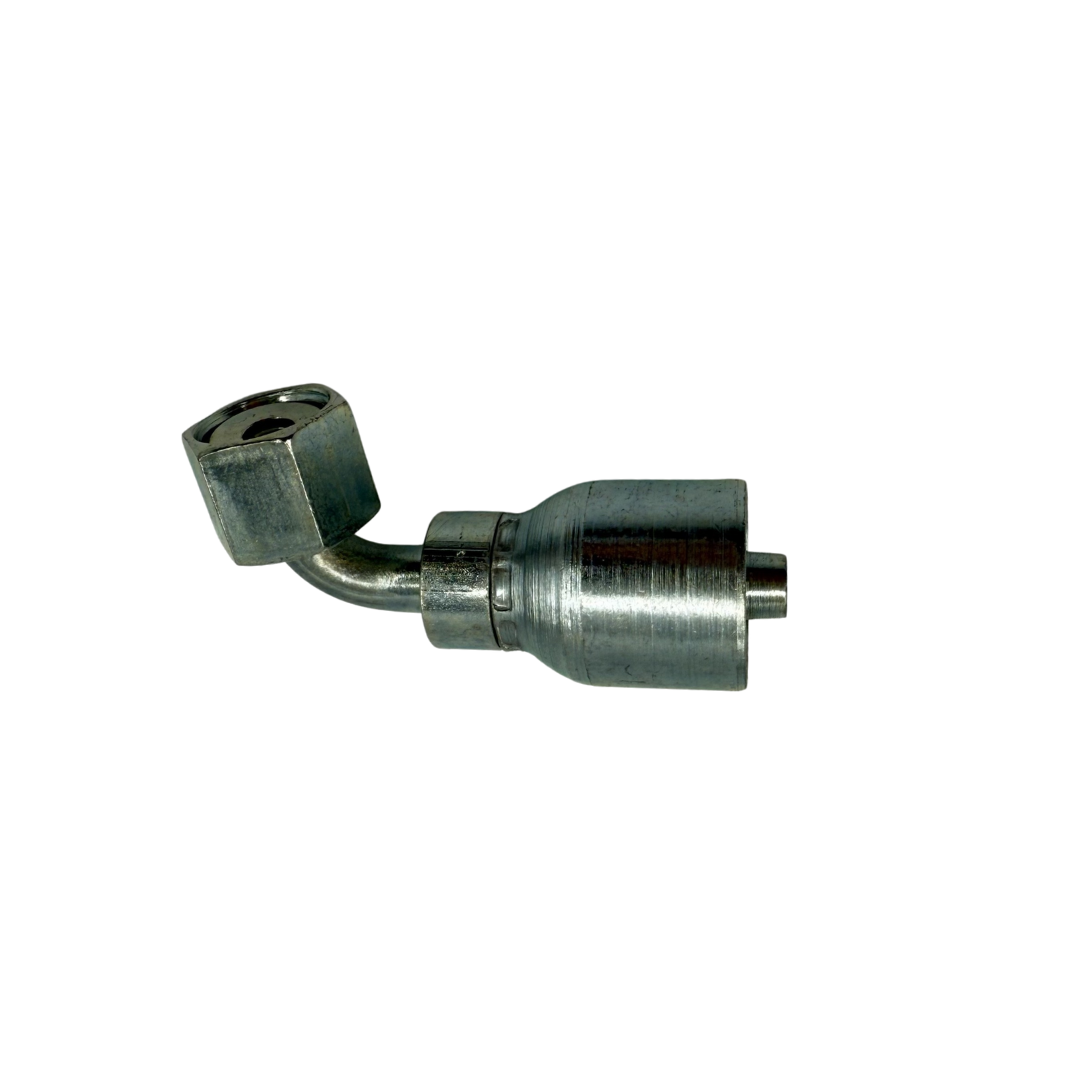 3/8" Hydraulic Hose Fitting – 90° Female Swivel, O-Ring Face Seal (ORFS), Grip Crimp, Zinc-Plated (GC32-6X6)