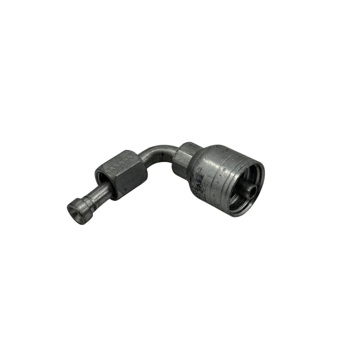 Crimp JIC 37° Female Swivel Hydraulic Hose Fitting – 90° Long Drop Elbow, 1/4" Hose x 7/16"-20, Zinc-Plated Stee
